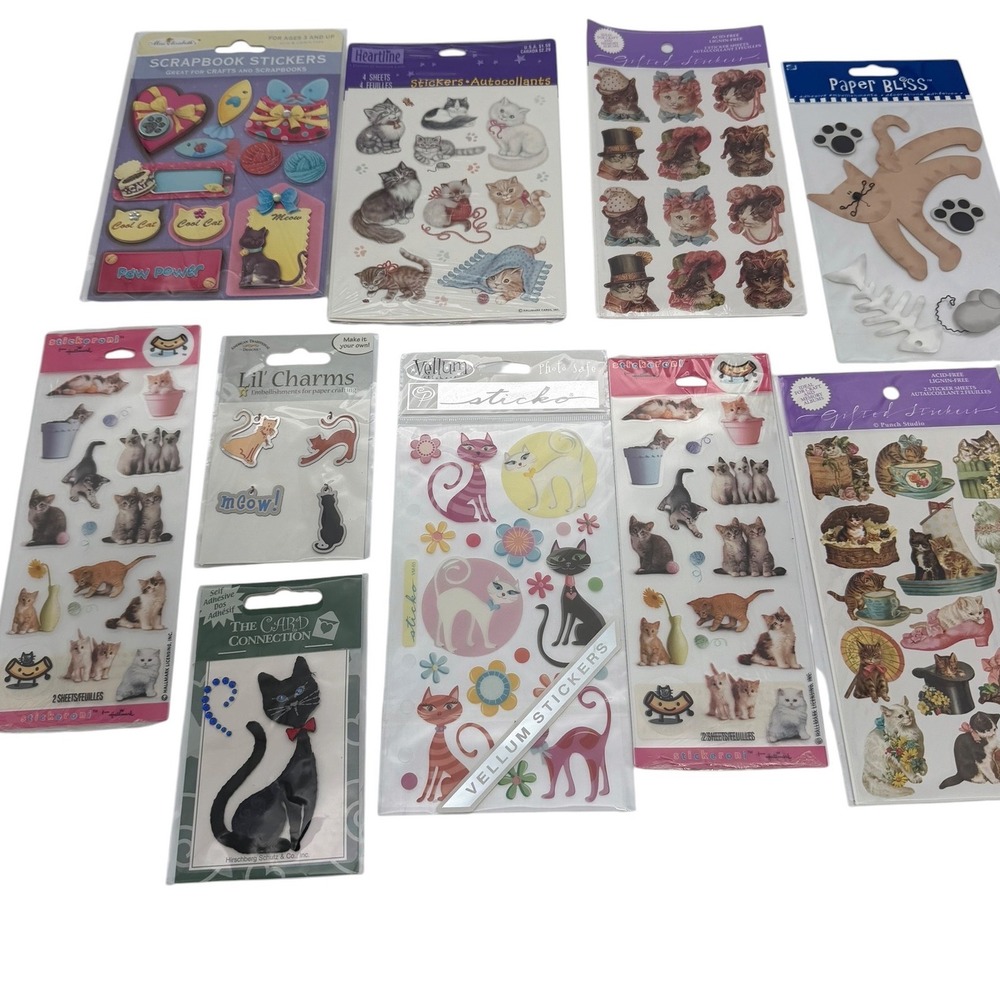 Vintage Cat Sticker Lot Sticko Hallmark Paper Bliss Scrapbook Charms 10 Packs